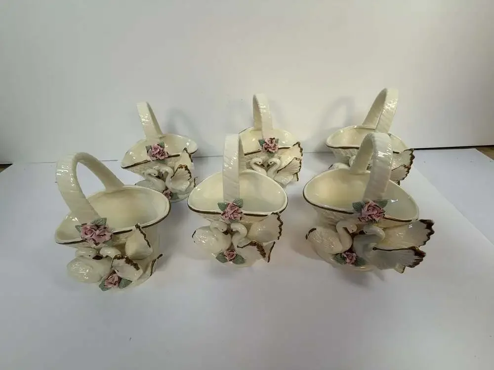 Set of 6 Berkeley Designs Porcelain Swan Baskets with Pink Roses